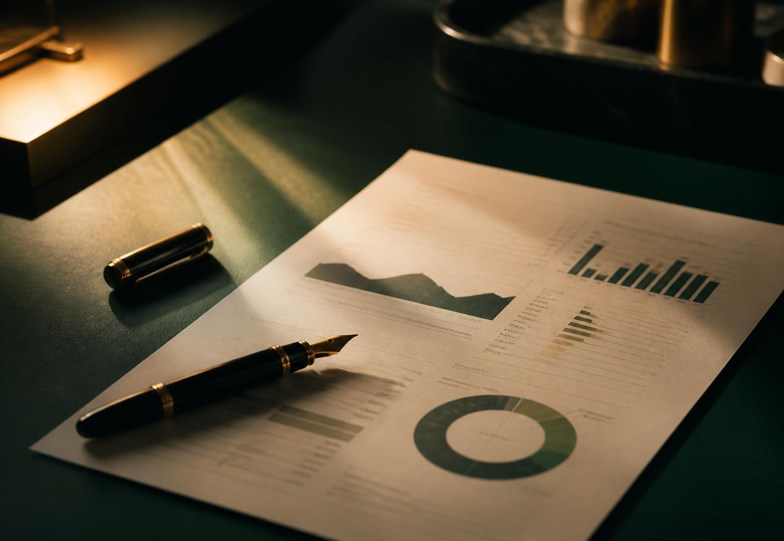 Financial reporting printouts and a fountain pen on a dark green desk